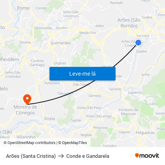 Arões (Santa Cristina) to Conde e Gandarela map