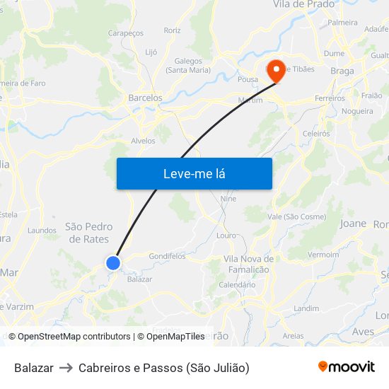 Balazar to Cabreiros e Passos (São Julião) map