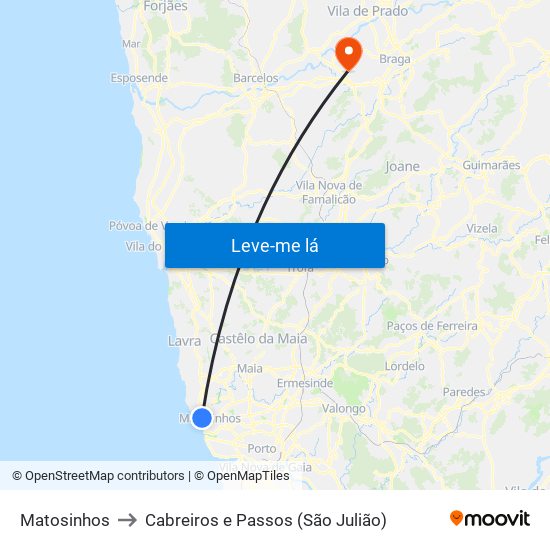 Matosinhos to Cabreiros e Passos (São Julião) map