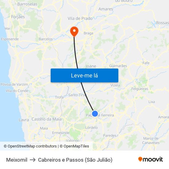 Meixomil to Cabreiros e Passos (São Julião) map