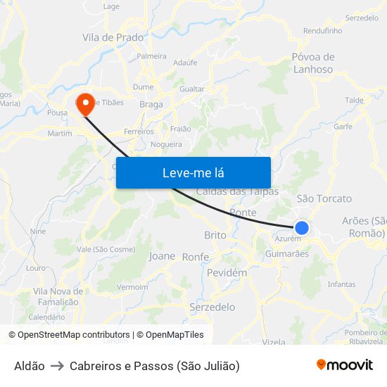 Aldão to Cabreiros e Passos (São Julião) map