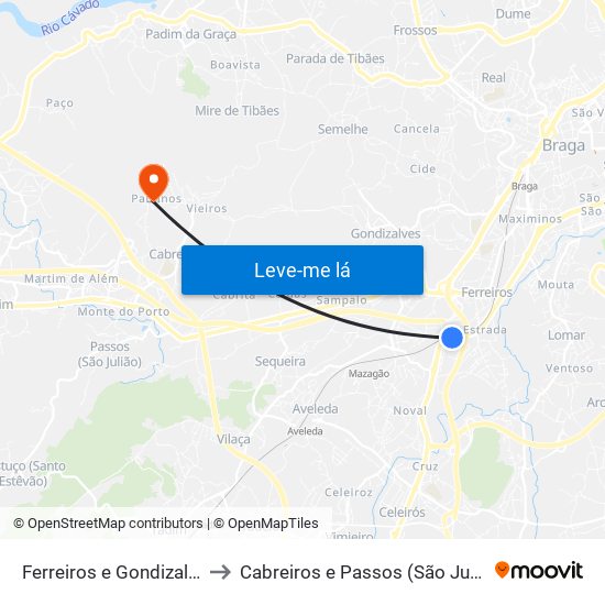 Ferreiros e Gondizalves to Cabreiros e Passos (São Julião) map