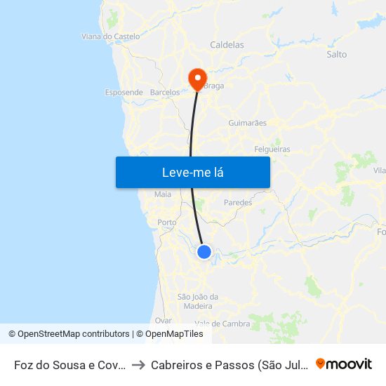 Foz do Sousa e Covelo to Cabreiros e Passos (São Julião) map