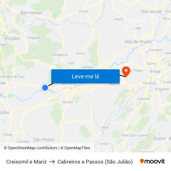 Creixomil e Mariz to Cabreiros e Passos (São Julião) map