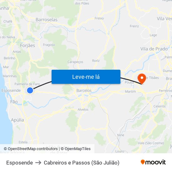 Esposende to Cabreiros e Passos (São Julião) map