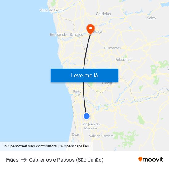 Fiães to Cabreiros e Passos (São Julião) map