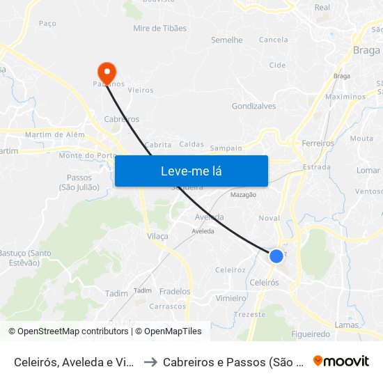 Celeirós, Aveleda e Vimieiro to Cabreiros e Passos (São Julião) map
