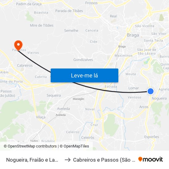 Nogueira, Fraião e Lamaçães to Cabreiros e Passos (São Julião) map