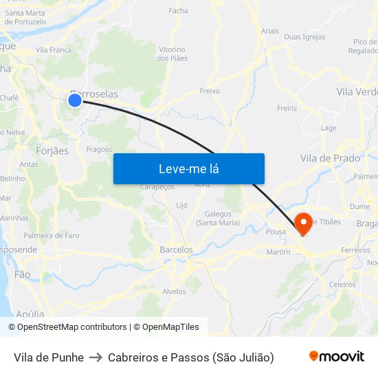 Vila de Punhe to Cabreiros e Passos (São Julião) map