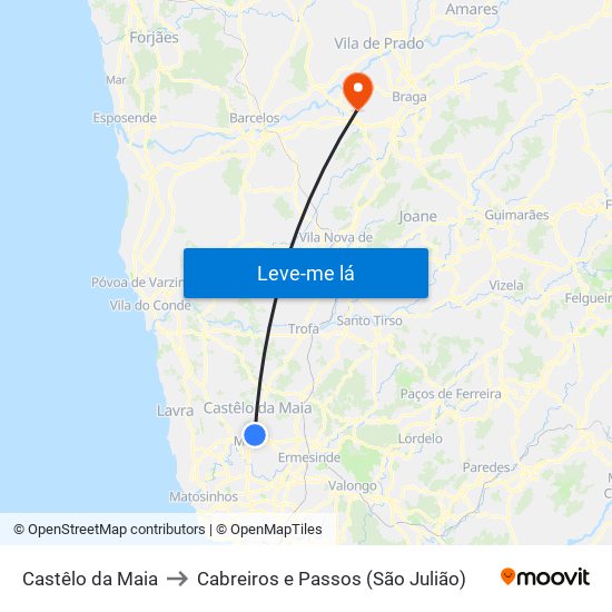 Castêlo da Maia to Cabreiros e Passos (São Julião) map