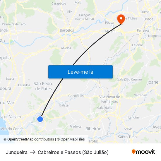 Junqueira to Cabreiros e Passos (São Julião) map