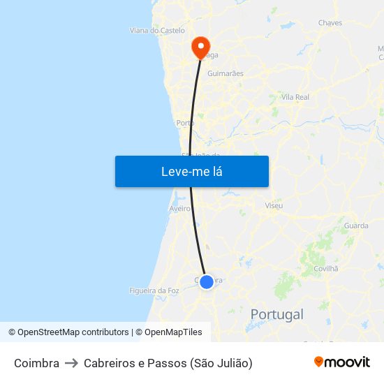 Coimbra to Cabreiros e Passos (São Julião) map