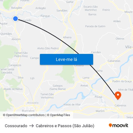 Cossourado to Cabreiros e Passos (São Julião) map