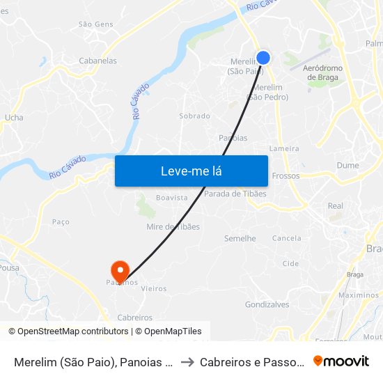 Merelim (São Paio), Panoias e Parada de Tibães to Cabreiros e Passos (São Julião) map