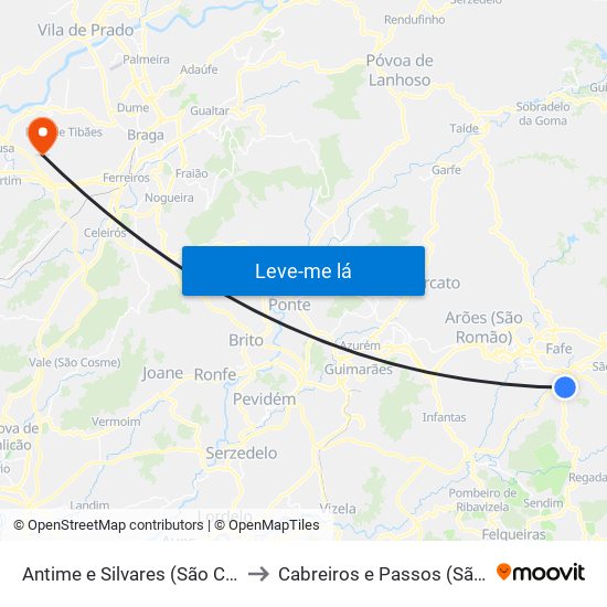 Antime e Silvares (São Clemente) to Cabreiros e Passos (São Julião) map