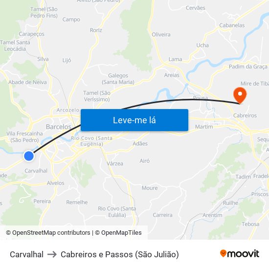 Carvalhal to Cabreiros e Passos (São Julião) map