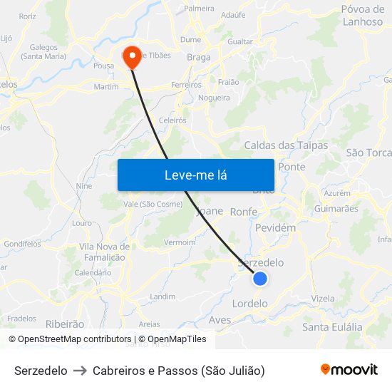 Serzedelo to Cabreiros e Passos (São Julião) map