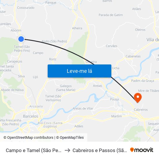 Campo e Tamel (São Pedro Fins) to Cabreiros e Passos (São Julião) map
