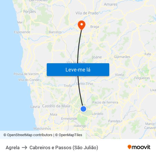 Agrela to Cabreiros e Passos (São Julião) map