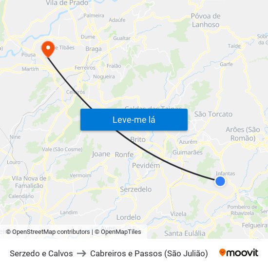 Serzedo e Calvos to Cabreiros e Passos (São Julião) map