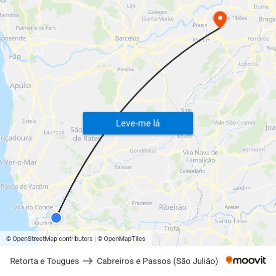 Retorta e Tougues to Cabreiros e Passos (São Julião) map