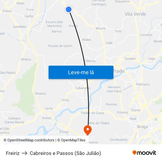 Freiriz to Cabreiros e Passos (São Julião) map