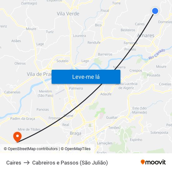Caires to Cabreiros e Passos (São Julião) map