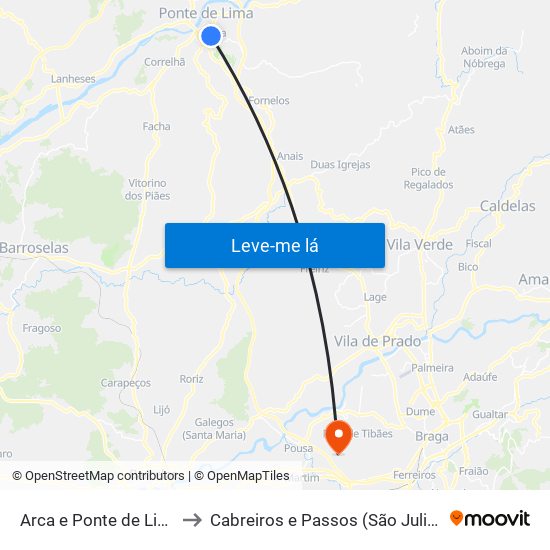 Arca e Ponte de Lima to Cabreiros e Passos (São Julião) map