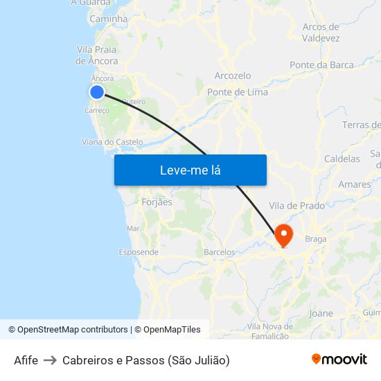 Afife to Cabreiros e Passos (São Julião) map