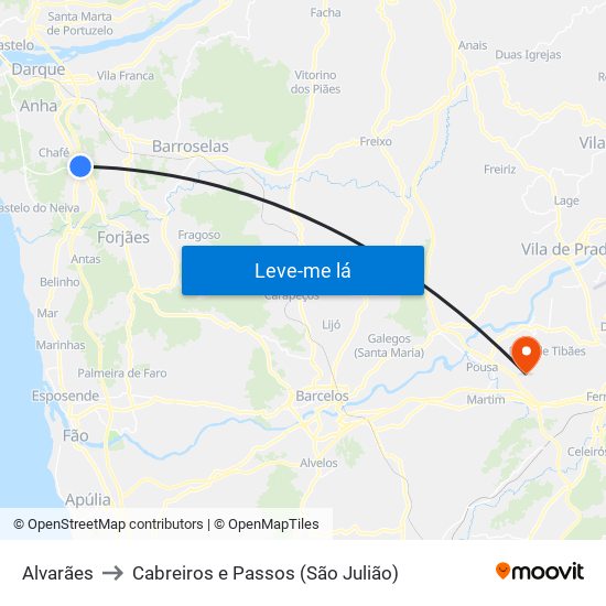 Alvarães to Cabreiros e Passos (São Julião) map
