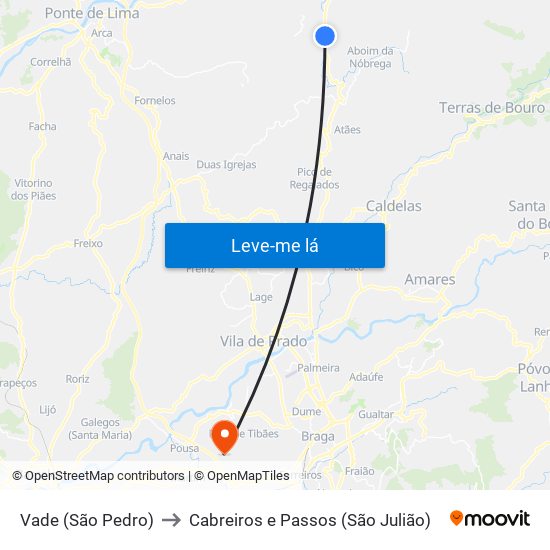 Vade (São Pedro) to Cabreiros e Passos (São Julião) map