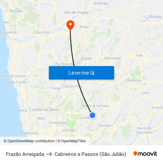 Frazão Arreigada to Cabreiros e Passos (São Julião) map