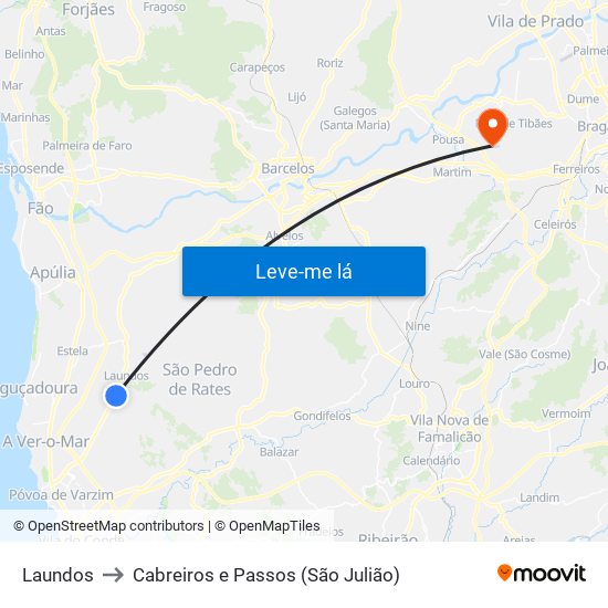 Laundos to Cabreiros e Passos (São Julião) map