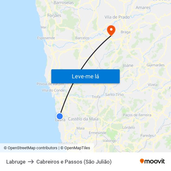 Labruge to Cabreiros e Passos (São Julião) map