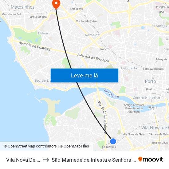 Vila Nova De Gaia to São Mamede de Infesta e Senhora da Hora map