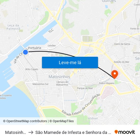 Matosinhos to São Mamede de Infesta e Senhora da Hora map