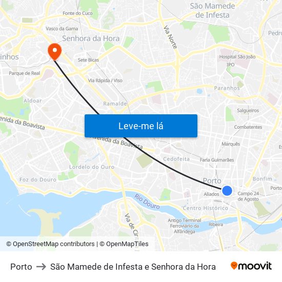 Porto to São Mamede de Infesta e Senhora da Hora map