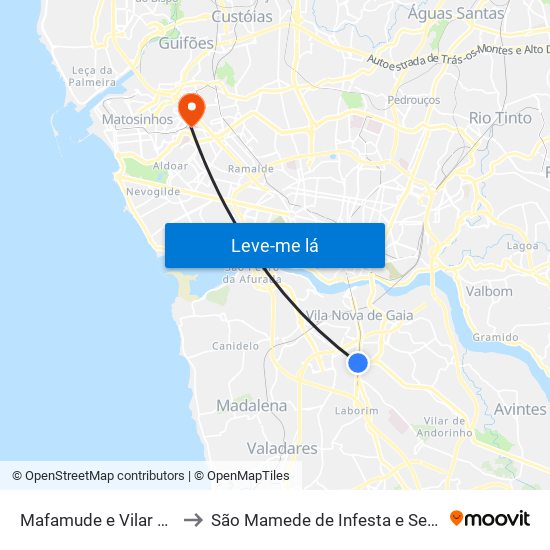 Mafamude e Vilar do Paraíso to São Mamede de Infesta e Senhora da Hora map