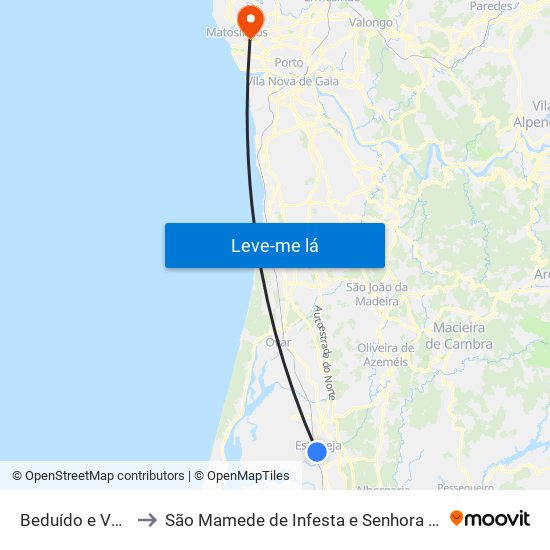 Beduído e Veiros to São Mamede de Infesta e Senhora da Hora map