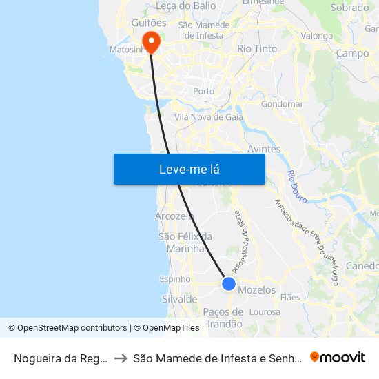 Nogueira da Regedoura to São Mamede de Infesta e Senhora da Hora map