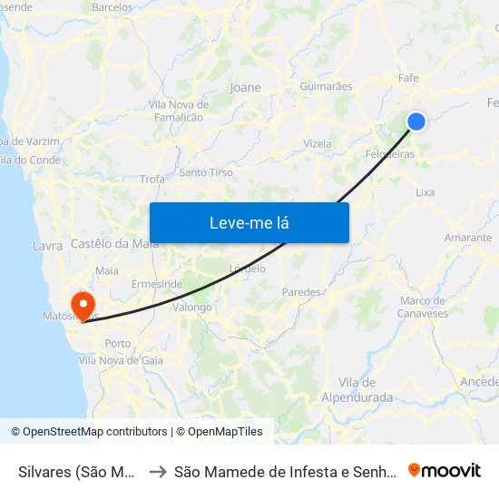 Silvares (São Martinho) to São Mamede de Infesta e Senhora da Hora map