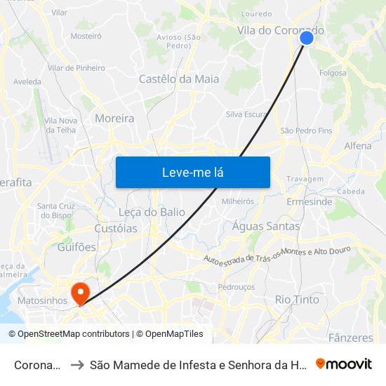 Coronado to São Mamede de Infesta e Senhora da Hora map