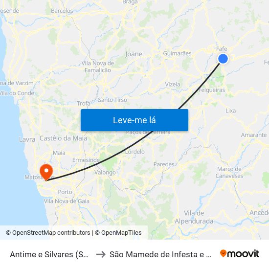 Antime e Silvares (São Clemente) to São Mamede de Infesta e Senhora da Hora map