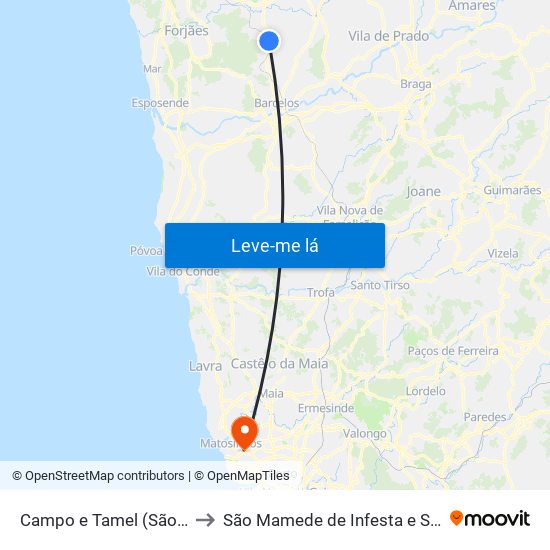 Campo e Tamel (São Pedro Fins) to São Mamede de Infesta e Senhora da Hora map