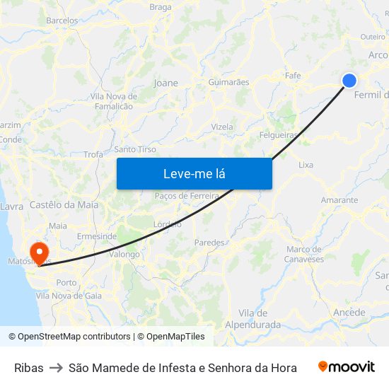 Ribas to São Mamede de Infesta e Senhora da Hora map