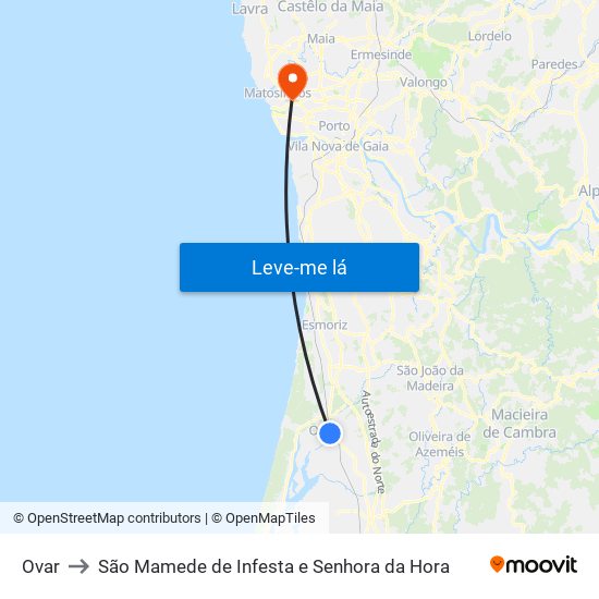 Ovar to São Mamede de Infesta e Senhora da Hora map