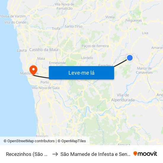 Recezinhos (São Mamede) to São Mamede de Infesta e Senhora da Hora map