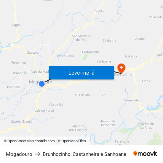 Mogadouro to Brunhozinho, Castanheira e Sanhoane map