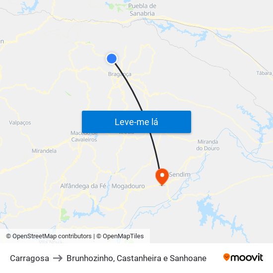 Carragosa to Brunhozinho, Castanheira e Sanhoane map