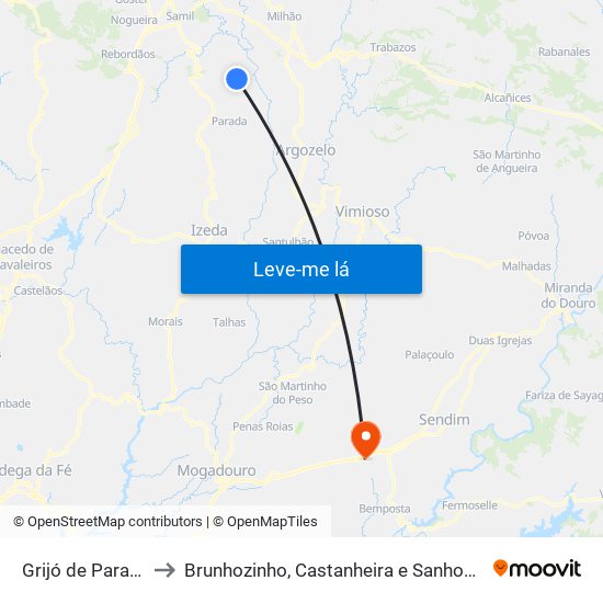 Grijó de Parada to Brunhozinho, Castanheira e Sanhoane map
